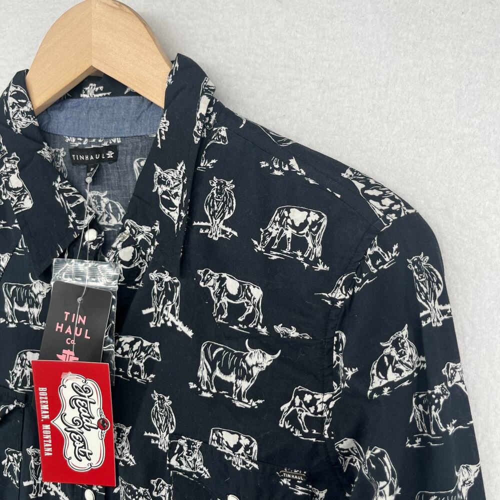 TIN HAUL Shirt Womens M Western Cattle Print Pearl Snap Long Sleeve Black NEW